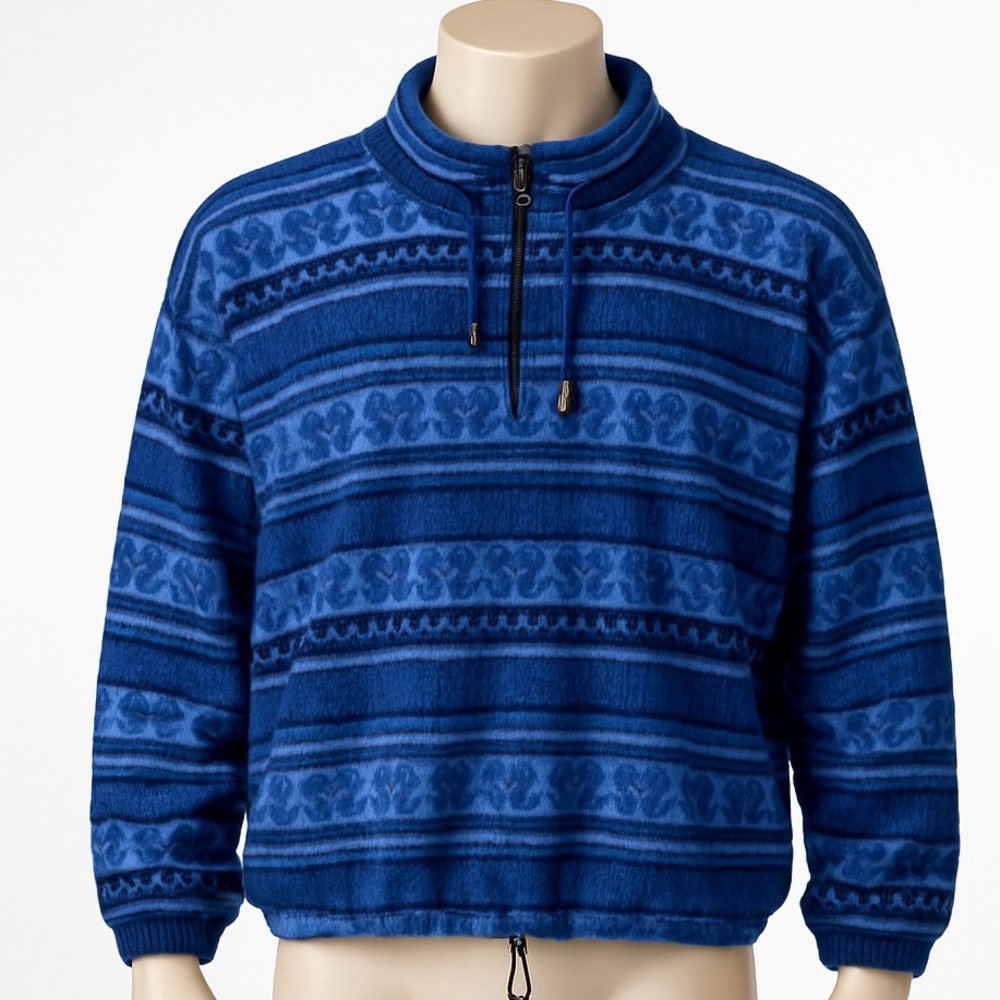 Vintage Express French Country Sweater Men’s L Blue Knit 1/4 Zip Pullover Casual